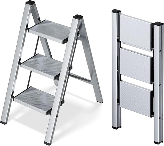 Taranta 3 Step Stool Foldable,Aluminum Step Ladder-Sliver | Lightweight,Wide Anti-Slip Pedals,Folding Step Stool,330lbs Capacity for Household,Kitchen,Office