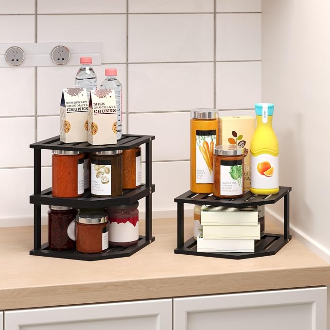 VERTORGAN 2 Tier Bamboo Corner Shelf 3 Pack Plate Organizer Kitchen(Black) | Pantry Storage,Dish Rack,Spice Rack,Corner Organizer,Kitchen Counter Shelves,Kitchen Storage,Holds Plates