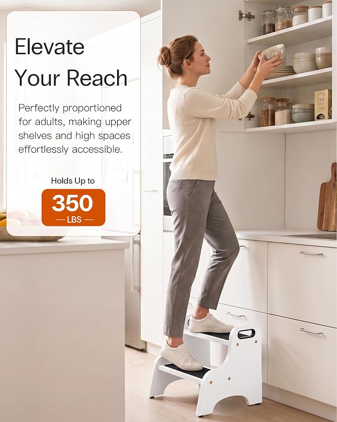 StrongTek Wooden 2 Step Stool, 350 lb Capacity, Non-Slip, White | Wide Non-Slip Surface, Portable Handles, Stable Support for Sink, Potty Training, Kitchen, Bathroom and Bedside