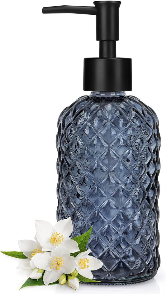 Topsky Gem Glass Soap Dispenser with Black Plastic Pump, 13oz Liquid Hand Soap Dispenser, Rustproof Pump for Kitchen & Bathroom, Great for Lotions, Essential Oil, Liquid Soaps-Grayish Blue