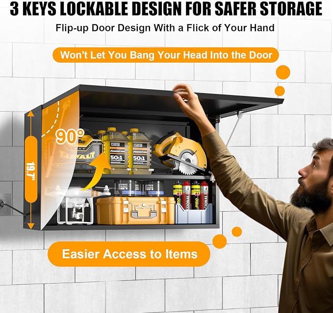 Garage Wall Cabinet, Metal Tool Cabinet with Lock&Adjustable Shelf | 20"H Wall Mounted Garage Storage Cabinets with Up-Flip Door, Black Steel Floating Locker for Basement, Workshop, Kitchen
