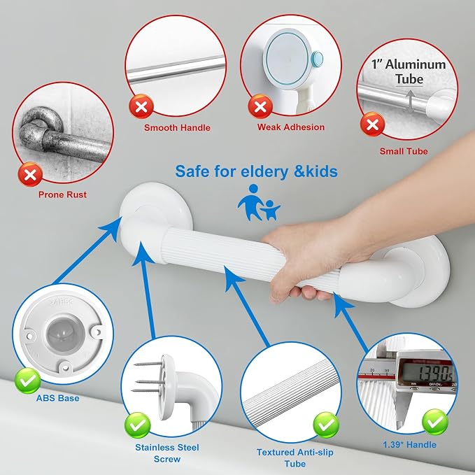 Bathroom Grab Bars: Shower, Toilet, Bathtub Assist Rails，12” | ABS Wall mounted, Safety Support Handles, Screws & Anchors, for Elderly, Pregnant Women, Handicap & Disabled Users