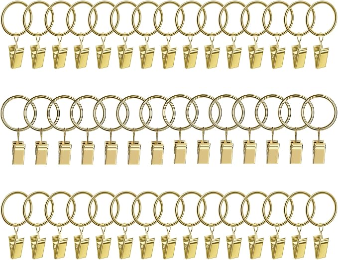 Lansian 44 Pack Curtain Rings with Clips Hooks 1 in Diameter Rustproof | Metal Stainless Steel Drapery Rings for Tension Rod Bracket Eyelets Decorative Hanger, Fits 3/4 in Rods, Gold