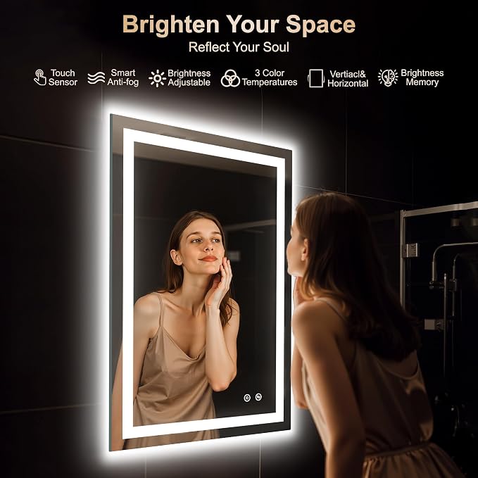 LED Mirror for Bathroom 36x24 Inch, Dimmable Front & Backlit Vanity Mirror with Anti-Fog, 3 Color Modes, Memory Function, Shatterproof Tempered Glass, Horizontal or Vertical Mount