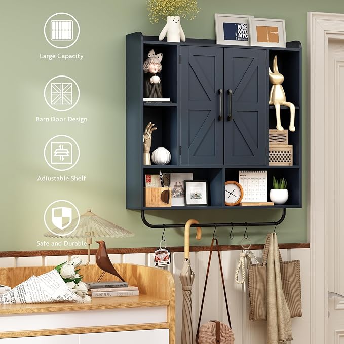 RUSTOWN Rustic Bathroom Wall Storage Cabinet with 2 Barn Doors, Navy Blue | Farmhouse Medicine Cabinet, Wall Mounted, Space Saving, 3-Tier Adjustable Shelves, Towel Bar, 5 Hooks