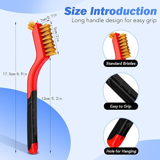 Wire Brush Set, 3 Pcs Stainless Steel/Brass/Nylon Wire Brushes | Red, 7" Total Length for Tight Spaces, For Cleaning with Curved Handle Grip for Rust Removal, Dirt, Paint Scrubbing