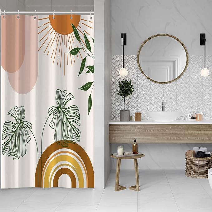 Boho Orange Stall Shower Curtain with Hooks 48x72 Inch | Waterproof Small Mid Century Abstract Green Leaves Bathroom Curtain for Shower Stall, Machine Washable