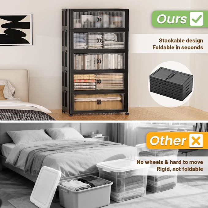 SAILUN 635Qt Large Stackable Storage Bins,Storage Cabinet with a Lid,Black | Stackable Storage Drawers with Lids,28" W x 17" D x 75" H,Featuring open-front Access for Clothes and Closet Storage