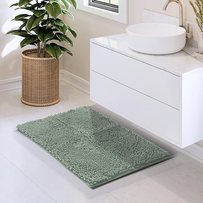 Hearth & Harbor Bathroom Rugs, Chenille Bath Mat - Machine Washable Bath Mats for Bathroom Non-Slip Backing Rubber, Quick Dry Bathroom Mat, 17 x 24 - Ice Green