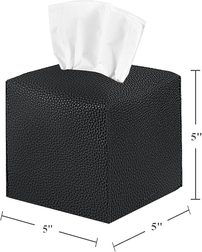 2 Pack 5"x5"x5" Square PU Leather Tissue Box Holders for Home & Office | Modern sleek design, water-resistant PU surface, fits bathroom vanity nightstand & car (Black)