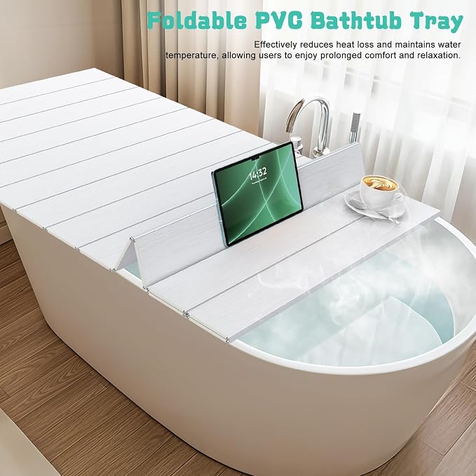 Bathtub Tray - 59x27.5x0.3in Foldable Anti-dust Bathtub Cover Bath Insulation Cover, PVC Shutter Bath Lid Fit Most Tubs, Can Store Wine Glass, Books, Tablets, Cellphones