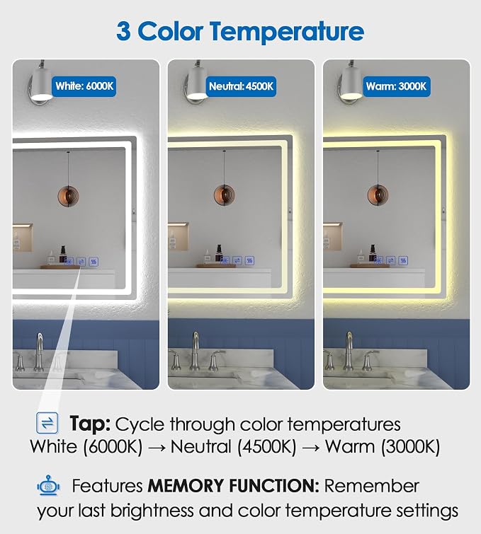 ROVOGO 55"x24" LED Bathroom Mirror with Lights, Fogless, Wall Mounted | Ideal for 60" Vanities, Dimmable Backlit Mirror 3 Color Temperature, Memory Function, Lighted Vanity Wall Mirror Shatterproof
