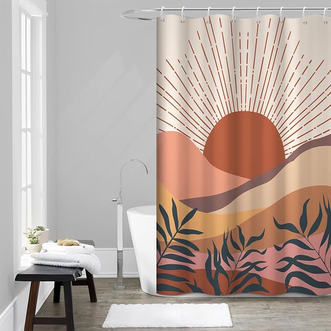 Boho Terracotta Shower Curtain for Bathroom 60x72 Inch | Waterproof Abstract Sunrise and Mountain Shower Curtain Set with Hooks, Mid Century Bathroom Decor
