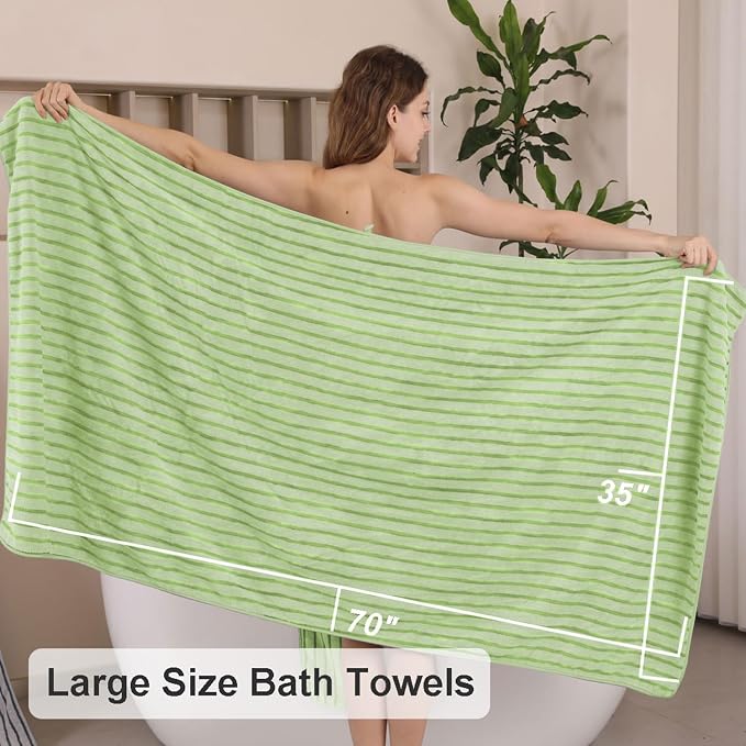 8 Pcs Grass Green Cabana Stripe Large Bath Towel Set - 2 Oversized Bath Sheets, 2 Hand Towels, 4 Washcloths - Soft Jumbo Absorbent Shower Beach Chair Spa Gym Hotel Towels