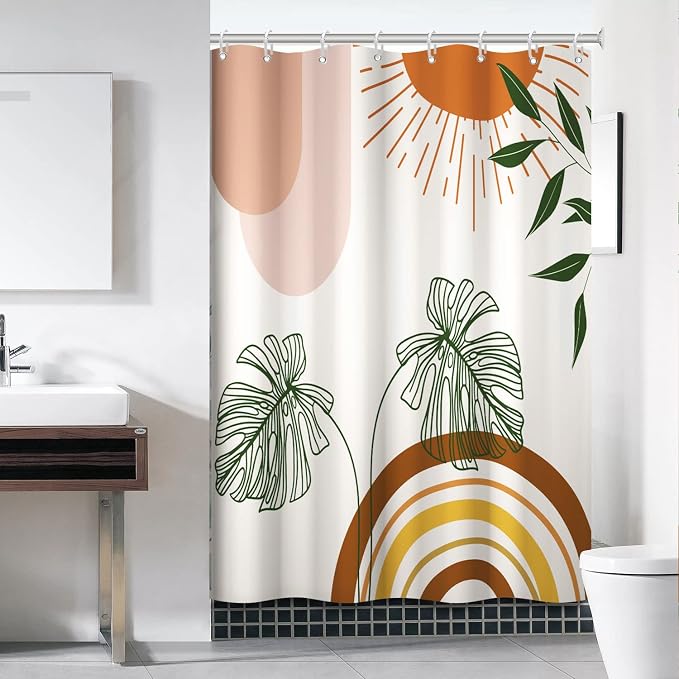 Boho Orange Shower Curtain with Hooks for Bathroom 54x72 Inch | Waterproof Abstract Sunrise Shower Curtain Set, Green Leaves Soft Bathroom Decor, Machine Washable