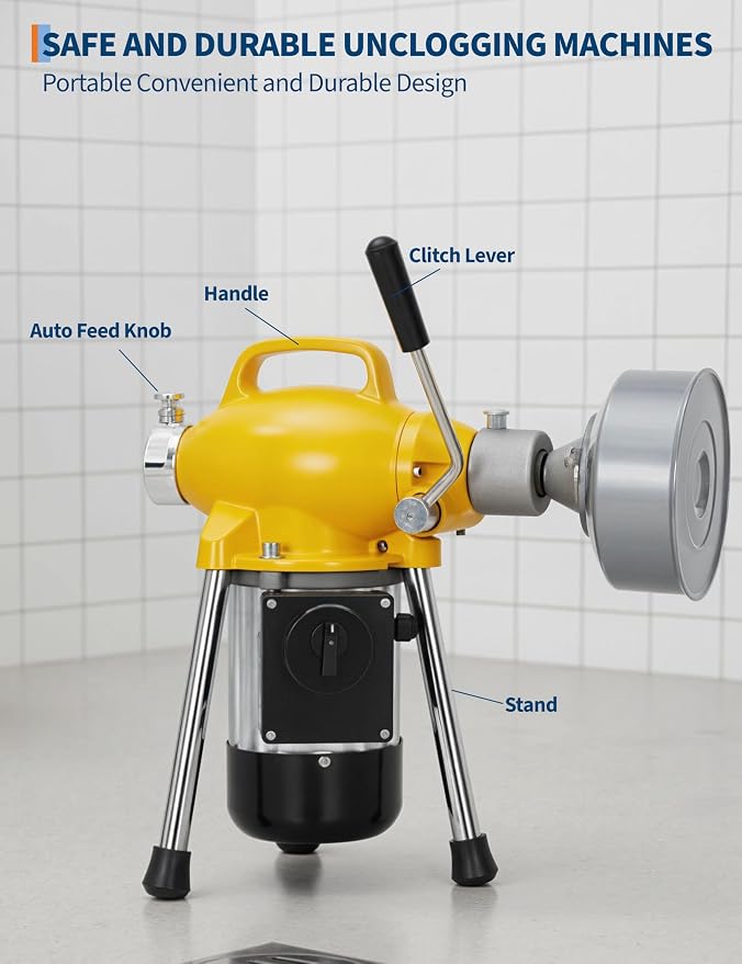 500W 400 RPM Auto Feed Electric Drain Cleaner Machine (66FT x 5/8" + 16FT x 3/8", Yellow and Sliver) | Portable Drain Cleaning Auger Sewer Snake with 66 ft x 5/8" & 16 ft x 3/5" Steel Cables & 6 Cutters, for 1.6"-4" Pipes