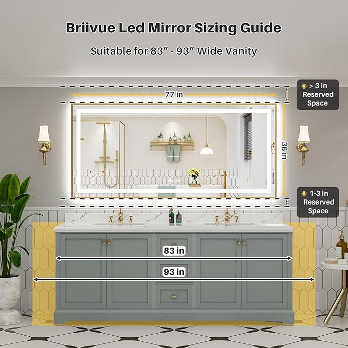 77x36 Inch LED Bathroom Mirror with Gold Frame, Backlit & Front Lit | Anti-fog, 3 Color Dimmable, Memory Function, HD Reflection Tempered Glass, ETL Listed, IP54 Waterproof