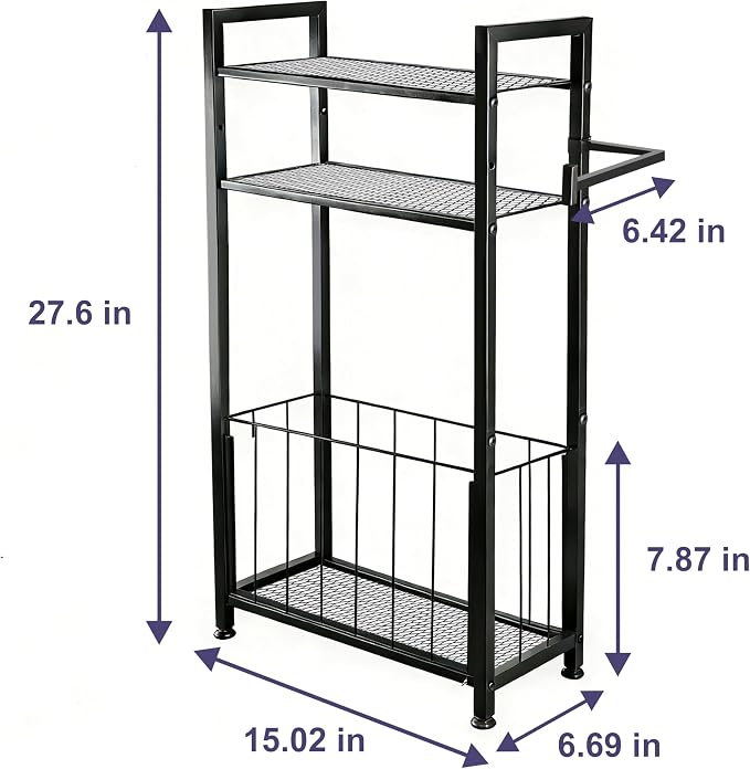 Free Standing Toilet Paper Holder with Shelf, Adjustable Feet Bathroom Toilet Paper Holder Stand for Narrow Space, Roll Dispenser Tissue Holder, Holds Multiple Rolls and Keeps Paper Dry and Clean