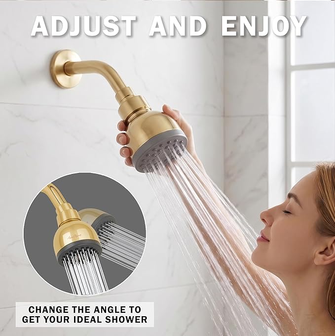 High Pressure Shower Head - 1.8 GPM - Polished Brass | Best 3 Inch Wall Mount Bathroom Showerhead For Boosting Low Flow With Anti-Clog Nozzles, Adjustable Brass Ball Joint