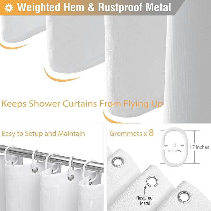 48x72 Linen Textured Waterproof Thick Fabric Shower Curtain Set, White | Stall Size, 230GSM Polyester, Heavy Duty Cloth, Weighted Hem, 8 Plastic Hooks, Modern Luxury Hotel Style, Machine Washable