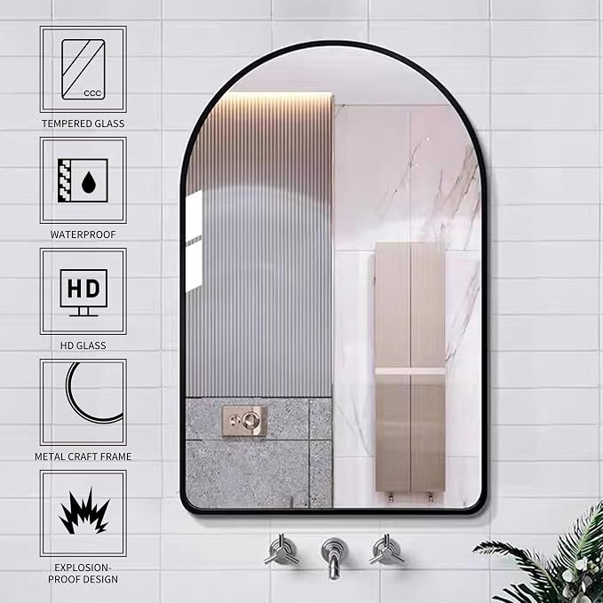 Arched Bathroom Mirror 30"x40", Black, Tempered Glass | arch bathroom mirror black wall mounted vanity tempered glass metal frame bedroom entryway living room
