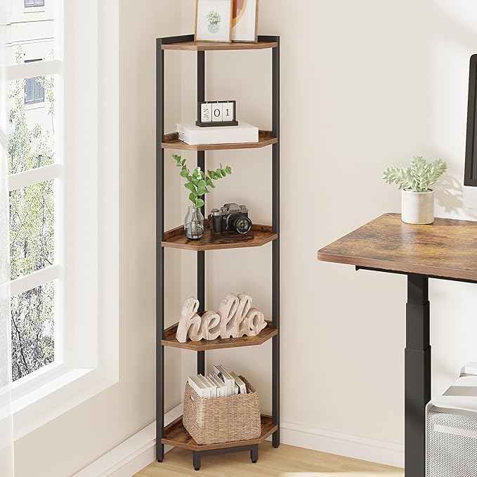 Hzuaneri Corner Shelf Stand 5-Tier Corner Bookshelf Storage Standing Shelf | Bookcase Plant Stand with Metal Frame for Living Room, Home Office, Bedroom, Black CS05901B