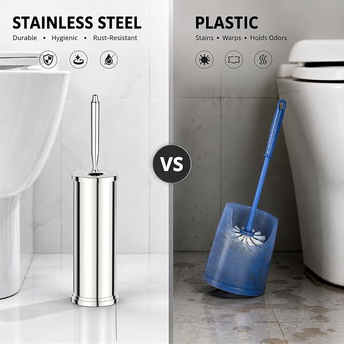 Stainless Steel Toilet Bowl Brush and Holder Set Scrubber Chrome | Weighted Stable Base Removable Inner Tube Toilet Bowl Brush Splash-Proof Design for Deep Cleaning Space Saving Storage