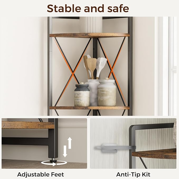 5 Tier Corner Shelf Stand, 64" H Tall Corner Bookshelf, Rustic Brown | Industrial Metal Corner Shelf for Living Room Decor, Plant Stand Display Shelf for Bedroom, Bathroom, Small Spaces