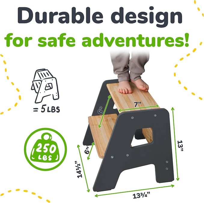 2-Step Wooden Toddler Step Stool for Bathroom Sink & Kitchen Use - Gray | Non-slip steps and padded feet for extra stability. Lightweight to carry, safely supports ages 2+ and adults up to 250 lbs.