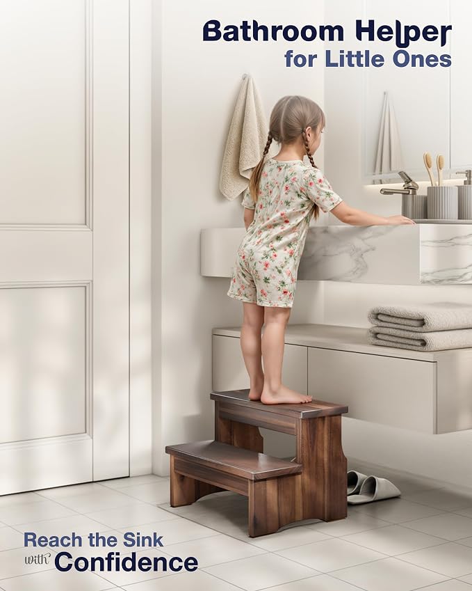 FANATU Wooden Two Step Stool, Heavy Duty 2-Step Ladder for Adults & Kids, Supports up to 450lbs for Kitchen, Bathroom or Bedside Use (Walnut Finish)