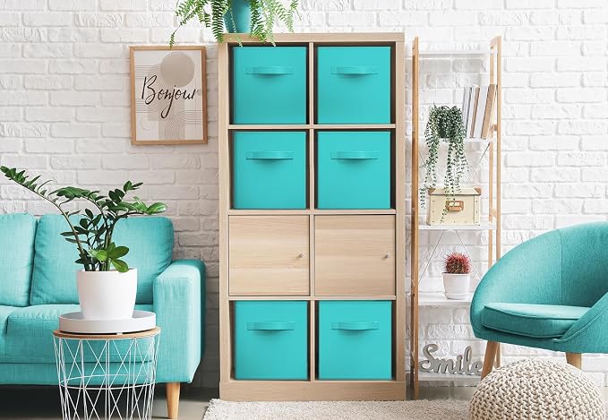 Sorbus Foldable Storage Cubes - 6 Fabric Baskets for Organizing Pantry, Closet, Shelf, Nursery, Playroom, Toy Box, Cubby - 11 Inch Dual Handle Collapsible Closet Organizers and Storage Bins (Aqua)