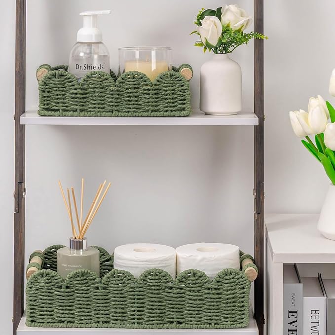 CubesLand Scalloped Toilet Paper Storage Basket for Over Toilet Shelves | Decorative Wicker Organizer Basket Perfect for Home Countertop Storage, Small Basket, Living Room Shelf Decor, Set 2 Green