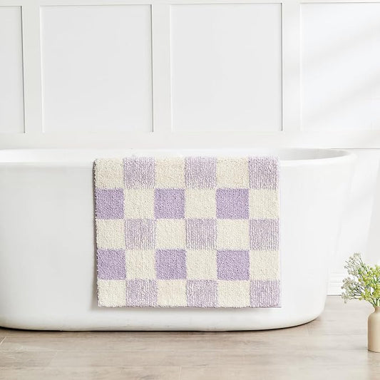CozeCube Lavender Checkered Bath Mat 36"x24" Non Slip Washable Rug | For Bathroom Non Slip, Fluffy Absorbent Microfiber Bath Mats Machine Wash, Stylish Large Aesthetic Bathroom Rugs