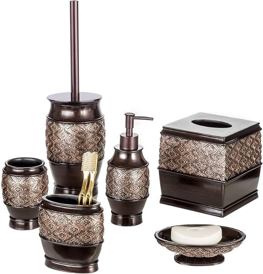 Creative Scents Dublin Brown 6 Piece Resin Bathroom Accessories Set | Includes Toilet Brush and Holder, Tissue Box Cover, Soap Dispenser, Toothbrush Holder, Tumbler Cup & Soap Dish
