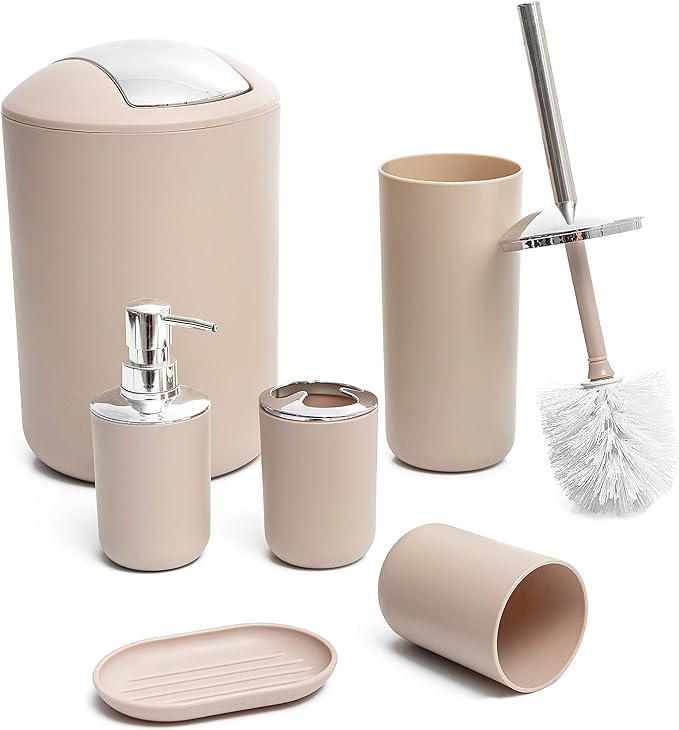 Moss & Stone 6-Piece BeigeBathroom Accessories Set, Soap Dispenser | Modern Plastic Bathroom Set with Toothbrush Holder, Soap Dish, Cup & Trash Can for Countertop Organization and Bathroom Decor