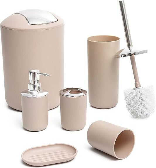 Moss & Stone 6-Piece BeigeBathroom Accessories Set, Soap Dispenser | Modern Plastic Bathroom Set with Toothbrush Holder, Soap Dish, Cup & Trash Can for Countertop Organization and Bathroom Decor