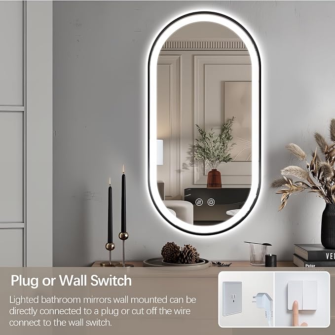 Oval LED Bathroom Mirror, Backlit + Front Lit Mirror Black Frame | 3 Color Dimmable, Anti-Fog, 48"x24", Memory Function, Shatter-Proof, HD Glass, Pill-Shaped Mirror, Vertical or Horizontal