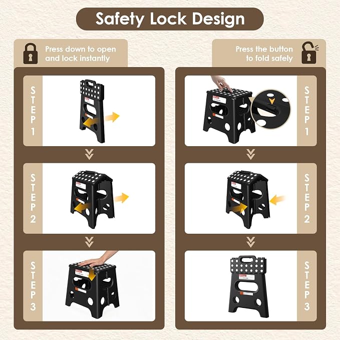 HBTower 13 Inch Folding Step Stool, 450LBS Capacity with Safety Lock, Black | Portable Foldable Stools,Non-Slip Surface,Built-in Handle,Heavy Duty Foot Stool for Adults & Kids,Home, Indoor & Outdoor Use