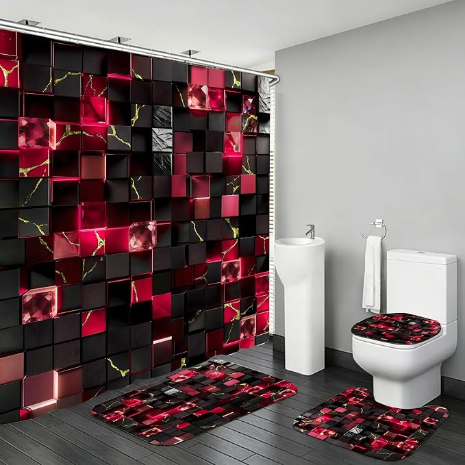 LQCOOL 4Pcs Black and Red Shower Curtain Set 3D Cubes Bathroom Sets Modern Shower Curtain Set for Bathroom Sets with Rugs and 12 Hooks | Waterproof Polyester & Soft Flannel. 12 Hooks, Toilet Lid Cover & U-Shaped Mat with Black Red Gold for Modern Decor.