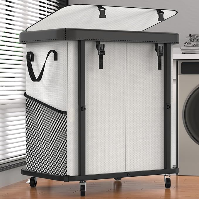 Laundry Basket with Wheels,190L (50 Gal) Laundry Hamper 2 Setion - Beige | Leather Patchwork,Sturdy Metal Frame, Removable Washable Bag, Tall Clothes Sorter for Bedroom, Laundry Room