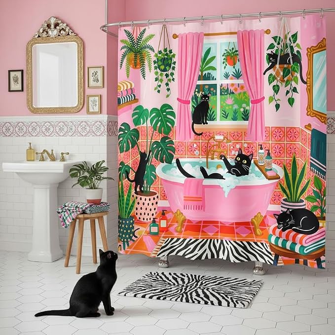 Accnicc Funny Cat Shower Curtain Boho Cute Fun Black Cats Shower Curtains for Bathroom Green Tropical Plant Pink Decorative Girly Waterproof Fabric Bath Curtain Decor 72 X 72 Inches