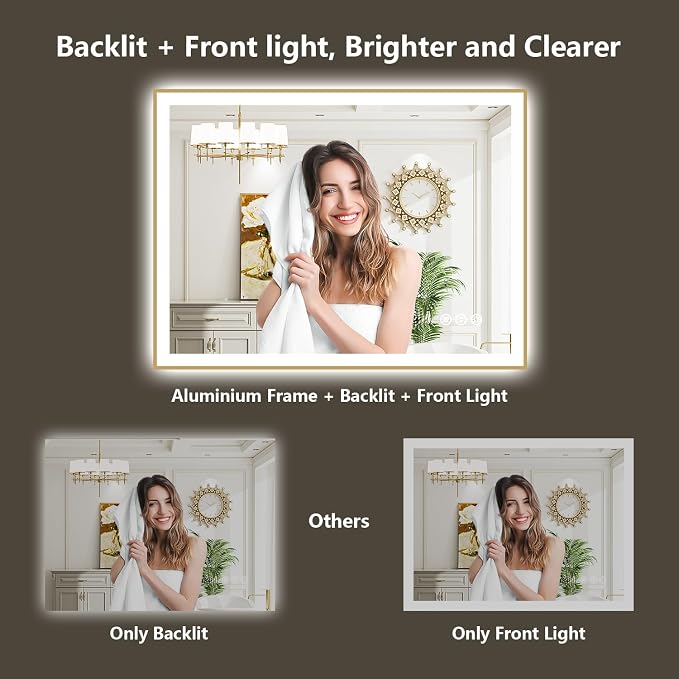 48x40 LED Bathroom Mirror with Lights, Gold Framed Lighted Mirror | Backlit and Front light, Anti-Fog, 3 Color Dimmable, Memory, Tempered Glass, IP54 Waterproof, UL Listed