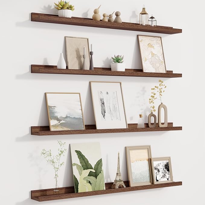 Fun Memories Picture Ledge Shelf for Wall, Floating Shelves Set of 4, 36 Inch Long Nursery Book Shelves for Toys Storage, Kids Bookshelf Wall Mounted for Books Photo Frames, Walnut