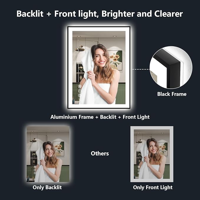 40x30 Inch LED Bathroom Mirror with Lights (Front Lit and Backlit) Black Framed Lighted Vanity Mirror for Bathroom Wall Dimmable Anti-Fog Memory Tempered Glass Horizontal/Vertical