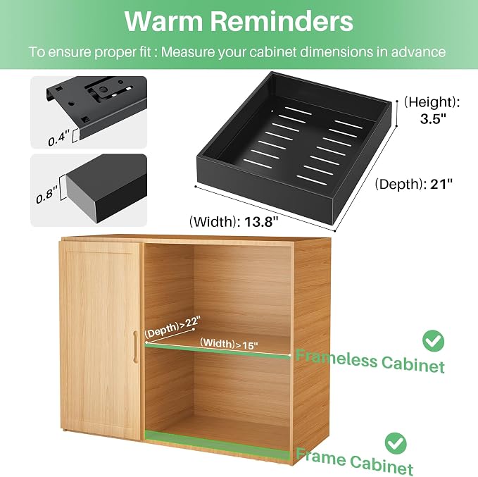 Pull out Cabinet Organizer, 21"Deep, Heavy Duty Full-Extension Slide out Drawers for Kitchen Cabinets with Nano Adhesive, Roll Out Shelf Sliding Cabinet for Pots, Bathroom, Pantry, Under Sink, Black