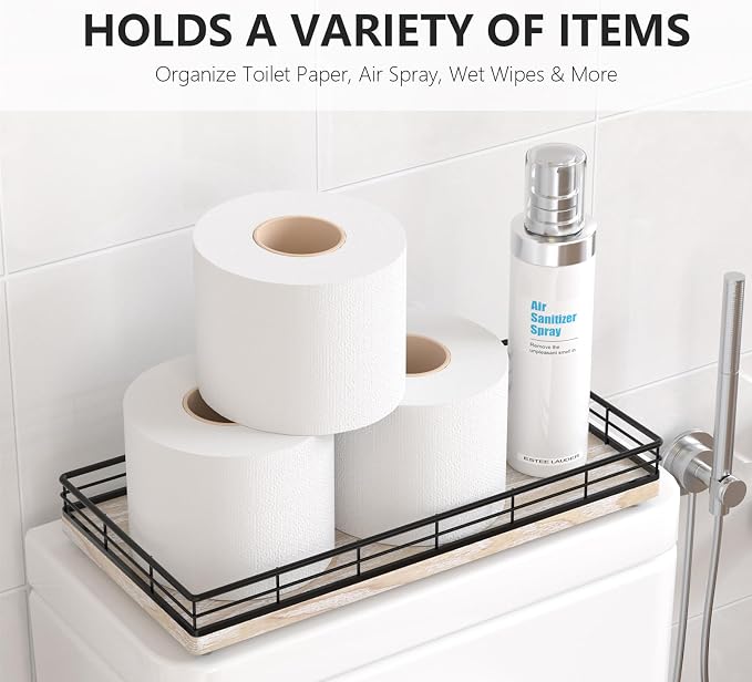 Toilet Paper Basket Organizer, Ash Wood Toilet Tank Tray with Metal Frame | Bathroom Counter Top Storage for Toilet Paper, Wipes & Decor, Modern Narrow Back of Tank Shelf Organizer, Black & Whitewashed