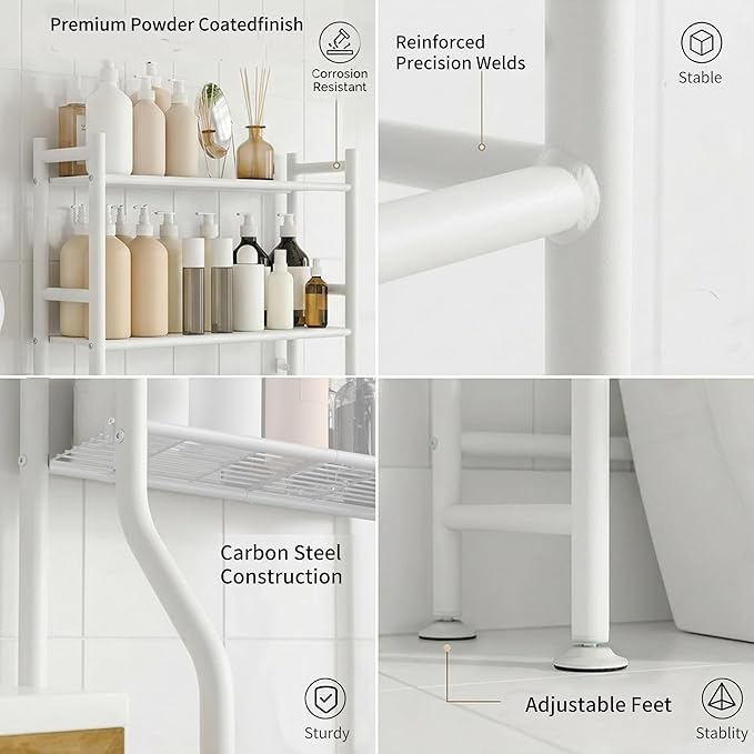 GloTika 3-Tier Over Toilet Storage, Anti-Tilt, 64" H, White | Anti-Tilt Safety System, 150lb Capacity, Carbon Steel, Freestanding, No Drilling, Anti-Rust Coating, Paper Holder & 4 Hooks