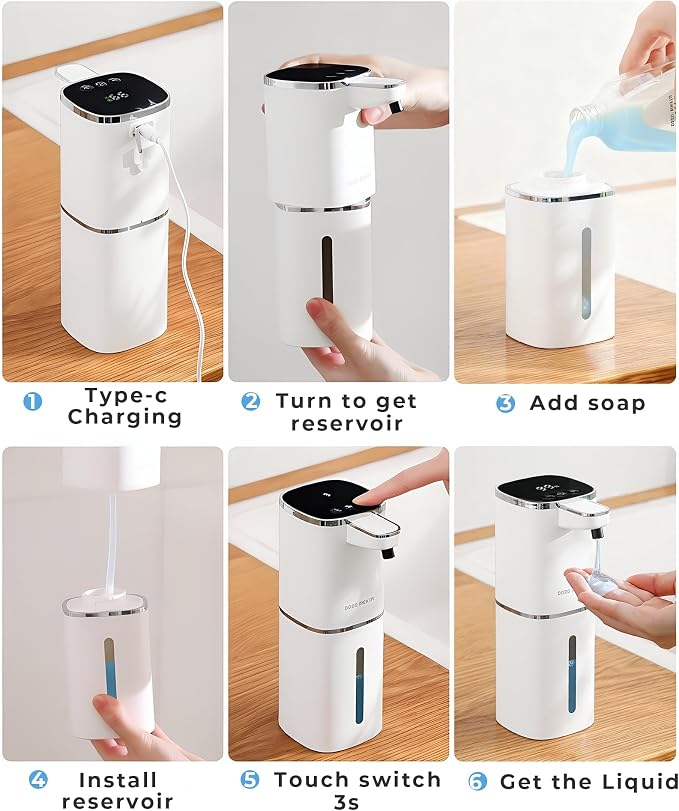 2 Pack Automatic Liquid Soap Dispenser, USB Rechargeable | , 13.5oz/400mL, 9-Adjustable Liquid Levels, IPX5 Waterproof, Touchless & Wall/Tabletop Use for Kitchen Bathroom, White