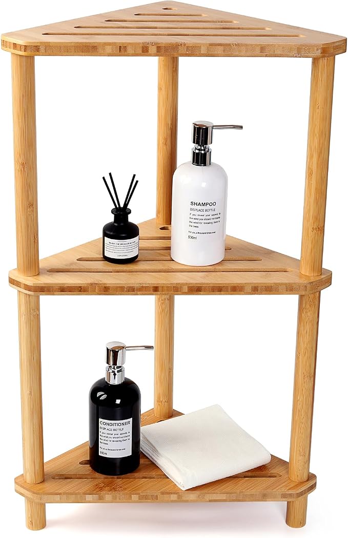 Corner Shelf Shower Caddy Stand 3-Tier,Standing Bathroom Organizer | Bamboo,Large Capacity Shower Storage,Space-Saving,Anti-Slip Feet,Waterproof,Easy to Assemble,Durable,Bath,Living Room,Kitchen