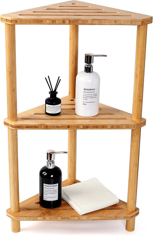Corner Shelf Shower Caddy Stand 3-Tier,Standing Bathroom Organizer | Bamboo,Large Capacity Shower Storage,Space-Saving,Anti-Slip Feet,Waterproof,Easy to Assemble,Durable,Bath,Living Room,Kitchen